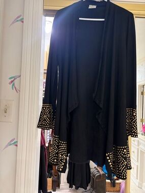 Black Draped Cardigan with Gold Stud Detail